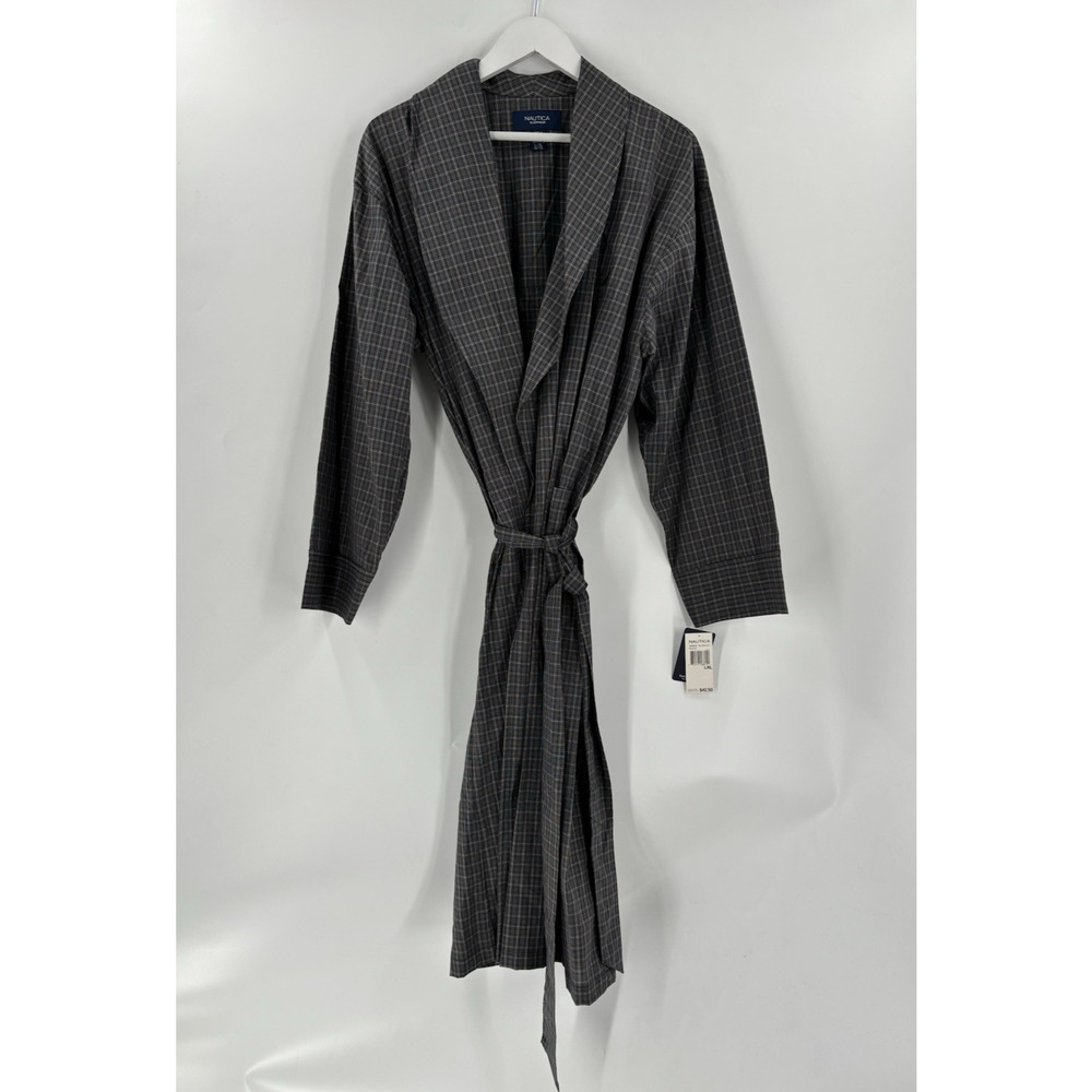 NWT Vintage Nautica Robe Mens Large/XL Gray Plaid Belted 100% Cotton Pockets